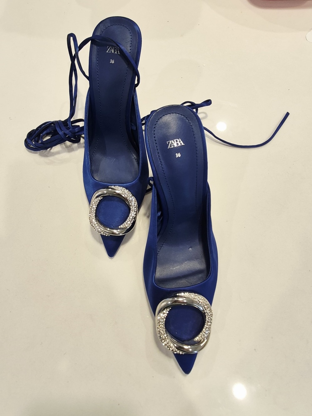 Zara Royal Blue Pointed Toe Lace-Up Heels with Crystal Buckle size 36 NWOT